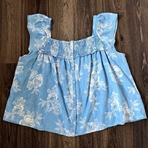 💙 Old Navy Chambray Flowy Floral Cotton Top Size 2X Milkmaid Cottage Romantic W